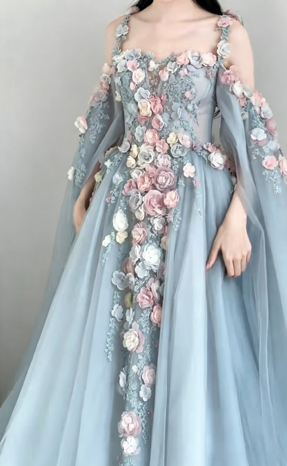 Chic Spaghetti Straps Blue Prom Dress Long Sleeve Appliques A-Line Evening Dress GG6192
