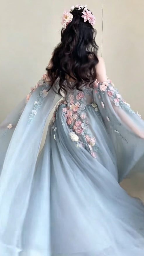 Chic Spaghetti Straps Blue Prom Dress Long Sleeve Appliques A-Line Evening Dress GG6192