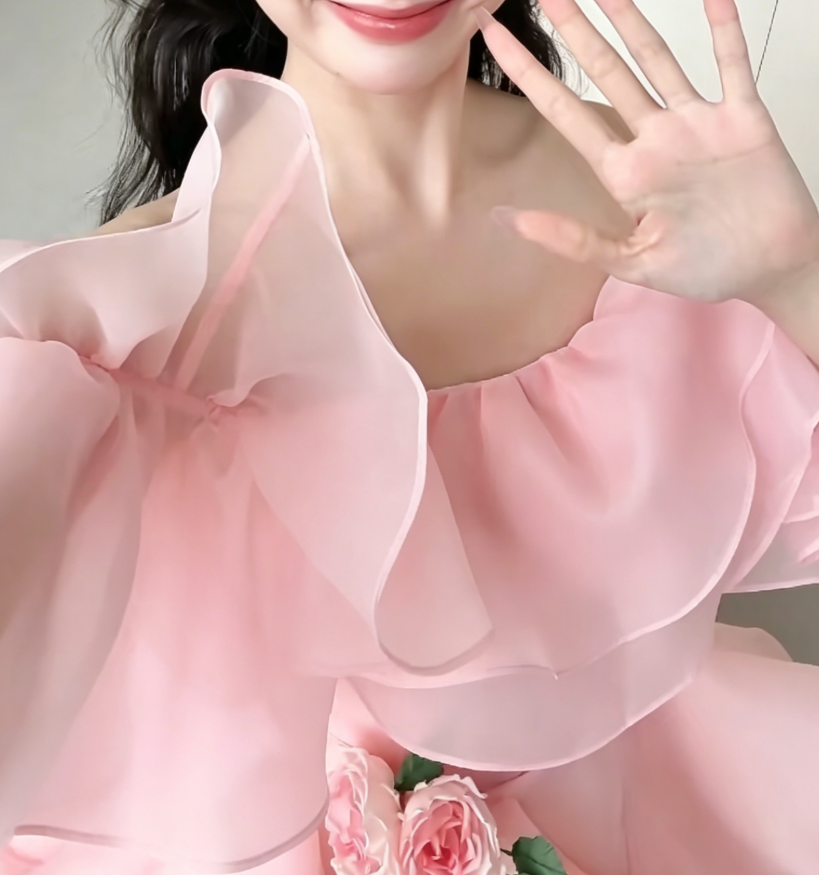 Sweet Off-Shoulder Pink Prom Dress Ruffles Tulle A-Line Evening Dress GG6194