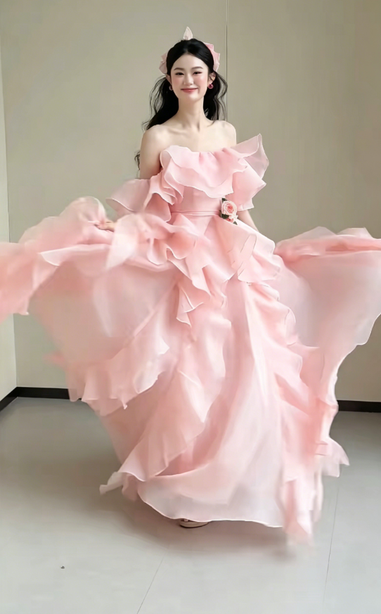 Sweet Off-Shoulder Pink Prom Dress Ruffles Tulle A-Line Evening Dress GG6194