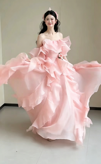 Sweet Off-Shoulder Pink Prom Dress Ruffles Tulle A-Line Evening Dress GG6194