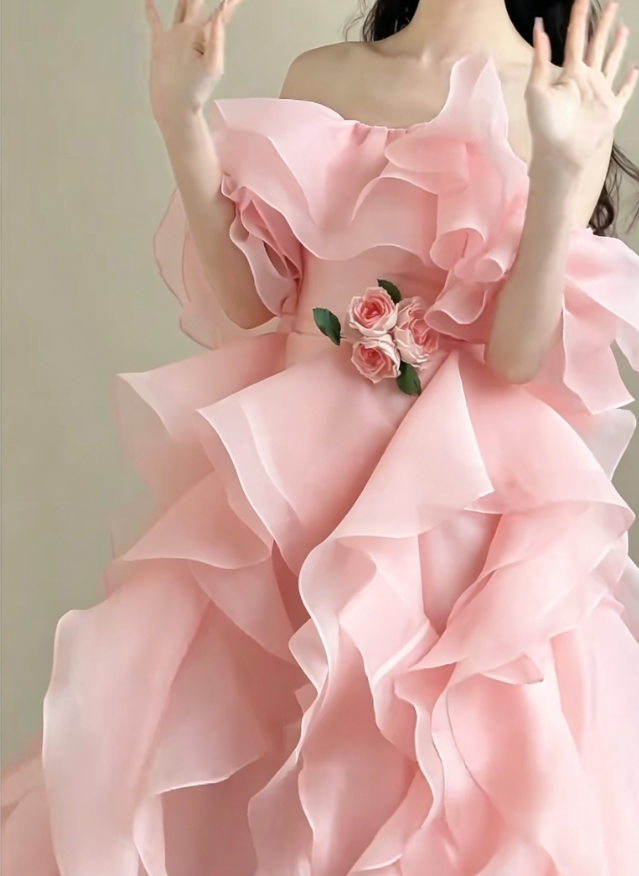 Sweet Off-Shoulder Pink Prom Dress Ruffles Tulle A-Line Evening Dress GG6194