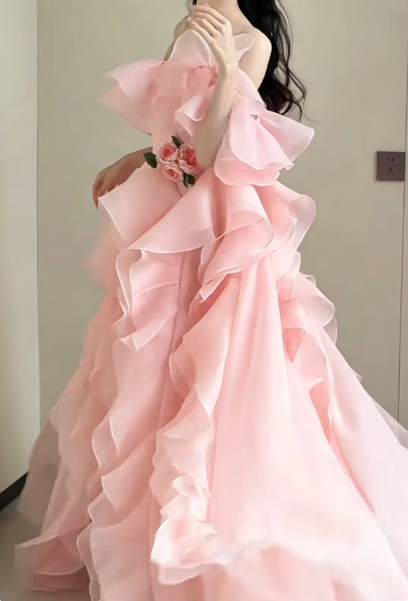 Sweet Off-Shoulder Pink Prom Dress Ruffles Tulle A-Line Evening Dress GG6194