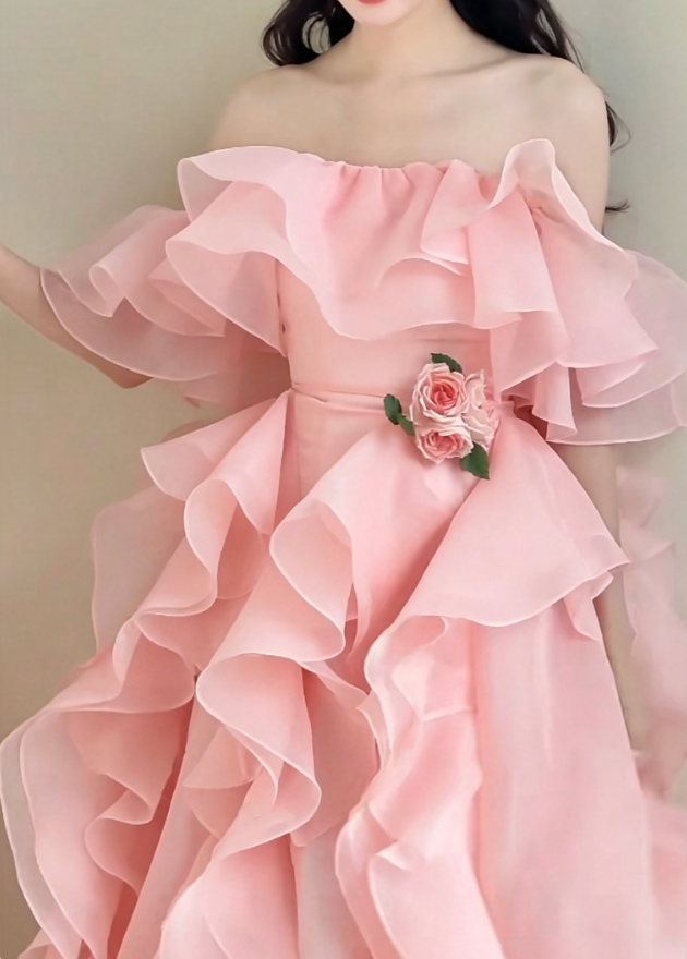 Sweet Off-Shoulder Pink Prom Dress Ruffles Tulle A-Line Evening Dress GG6194