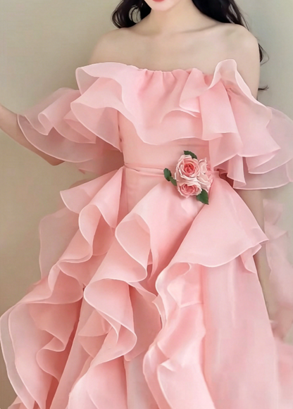 Sweet Off-Shoulder Pink Prom Dress Ruffles Tulle A-Line Evening Dress GG6194