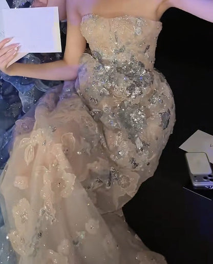 Luxury Strapless Beige Prom Dress Sequins Appliques A-Line Evening Dress GG6195