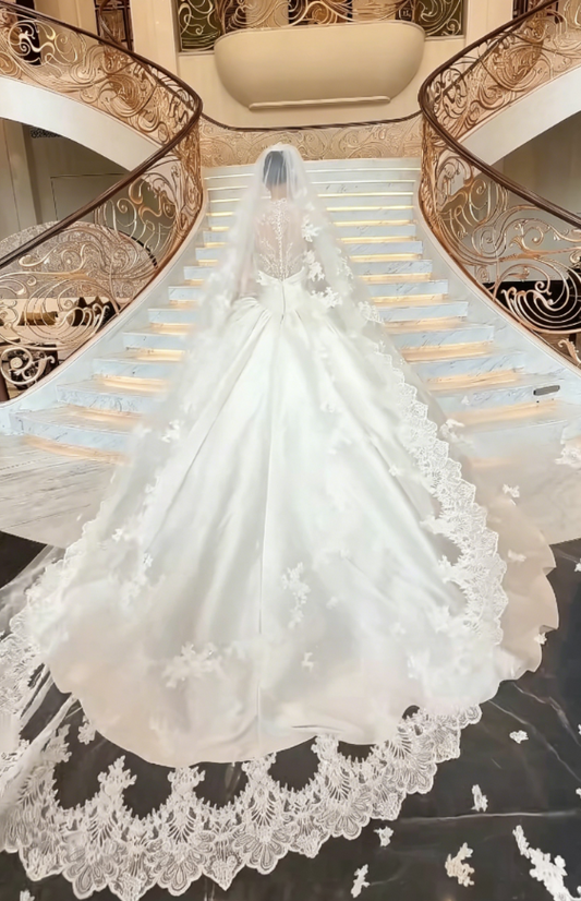 Charming V Neck Lace Satin Wedding Dress Long Sleeve Bridal Dress GG6196