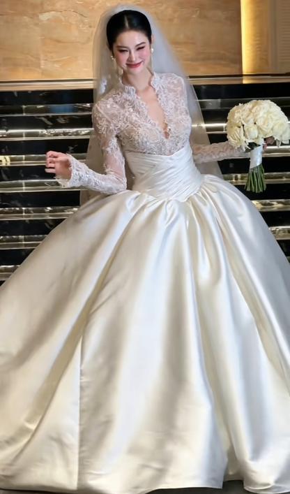 Charming V Neck Lace Satin Wedding Dress Long Sleeve Bridal Dress GG6196
