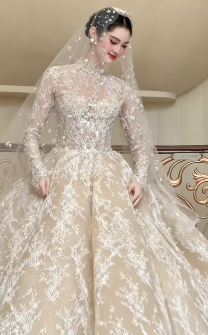 Ornate High Collar Lace Wedding Dress Long Sleeve Bridal Dress GG6198