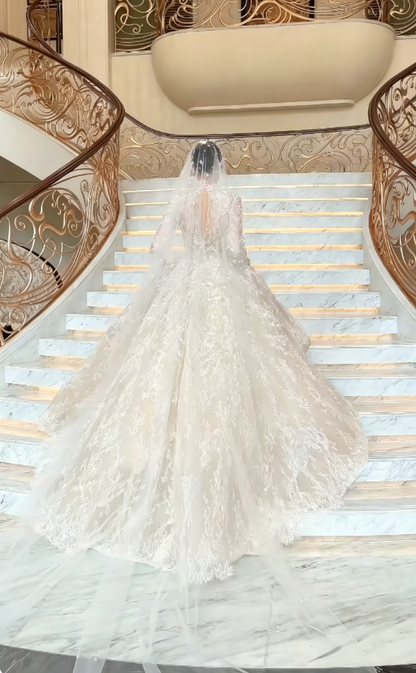 Ornate High Collar Lace Wedding Dress Long Sleeve Bridal Dress GG6198