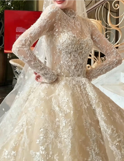 Ornate High Collar Lace Wedding Dress Long Sleeve Bridal Dress GG6198