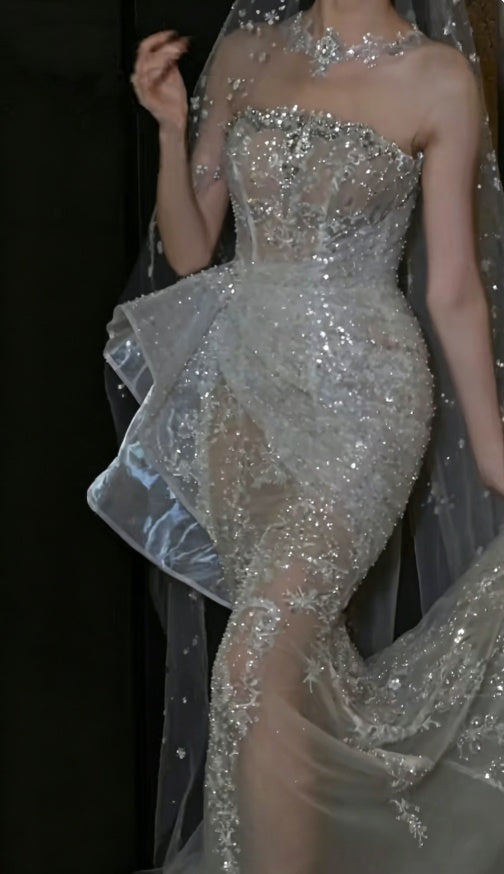 Luxurious High Collar Beading Wedding Dress Sequins Mermaid Bridal Dress GG6199