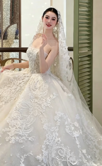 Luxury Strapless Appliques Long Wedding Dress White Beading Bridal Dress GG6202