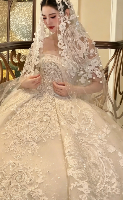 Luxury Strapless Appliques Long Wedding Dress White Beading Bridal Dress GG6202