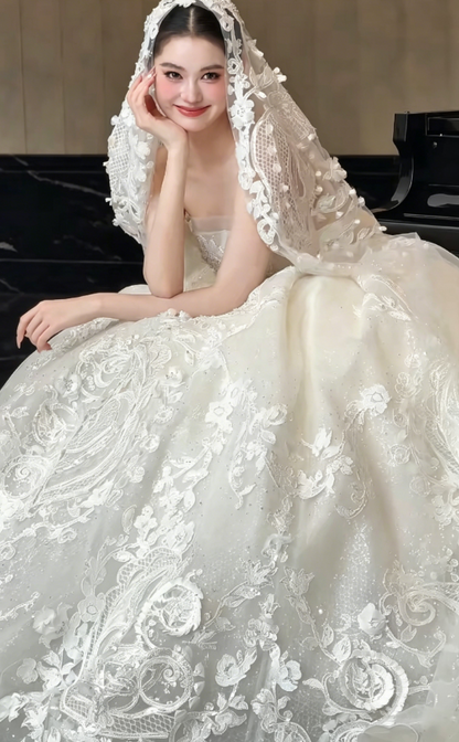 Luxury Strapless Appliques Long Wedding Dress White Beading Bridal Dress GG6202