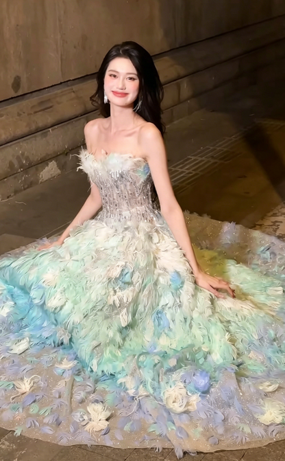 Unique Strapless Blue & Green Prom Dress Feather Sequins A-Line Evening Dress GG6204