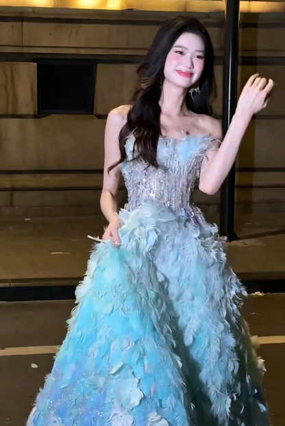 Unique Strapless Blue & Green Prom Dress Feather Sequins A-Line Evening Dress GG6204