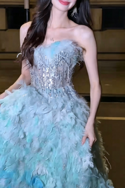 Unique Strapless Blue & Green Prom Dress Feather Sequins A-Line Evening Dress GG6204