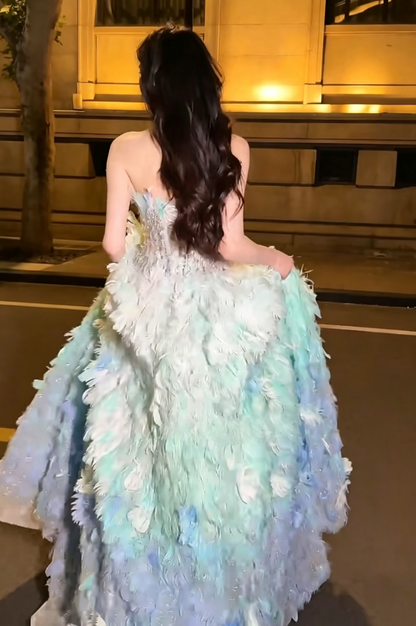 Unique Strapless Blue & Green Prom Dress Feather Sequins A-Line Evening Dress GG6204