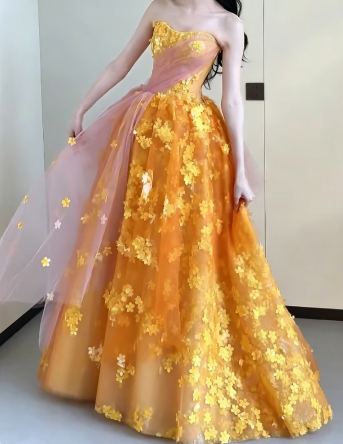 Alluring Strapless Appliques Prom Dress Orange A-Line Evening Dress GG6209