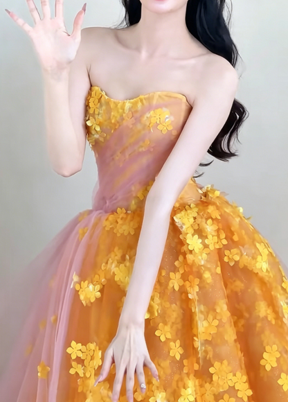 Alluring Strapless Appliques Prom Dress Orange A-Line Evening Dress GG6209