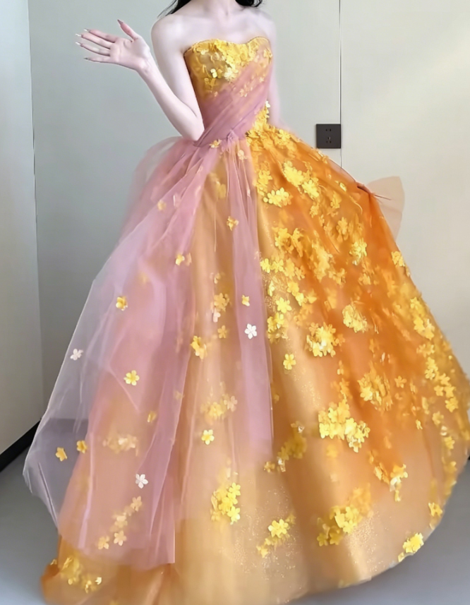 Alluring Strapless Appliques Prom Dress Orange A-Line Evening Dress GG6209