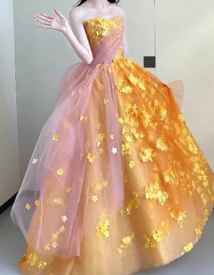 Alluring Strapless Appliques Prom Dress Orange A-Line Evening Dress GG6209
