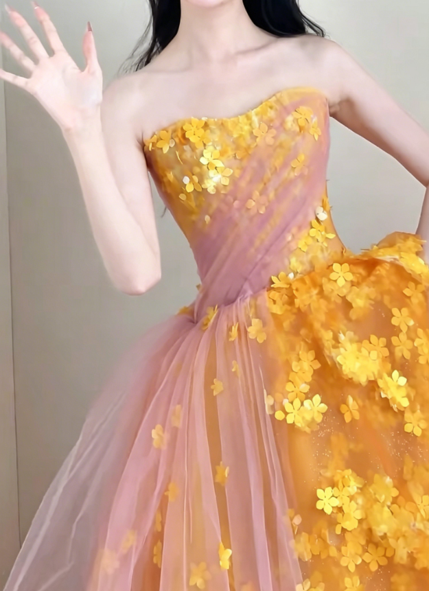 Alluring Strapless Appliques Prom Dress Orange A-Line Evening Dress GG6209