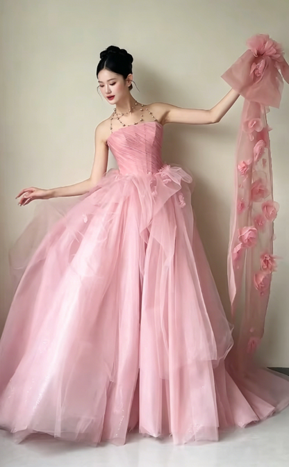 Charming Strapless Pink Prom Dress Appliques Bow A-Line Evening Dress GG6214