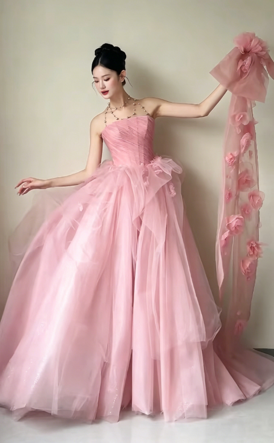 Charming Strapless Pink Prom Dress Appliques Bow A-Line Evening Dress GG6214