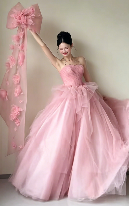 Charming Strapless Pink Prom Dress Appliques Bow A-Line Evening Dress GG6214