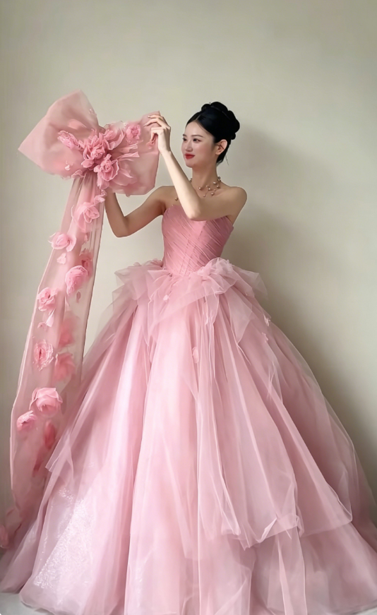 Charming Strapless Pink Prom Dress Appliques Bow A-Line Evening Dress GG6214
