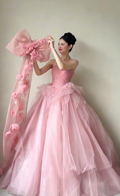 Charming Strapless Pink Prom Dress Appliques Bow A-Line Evening Dress GG6214