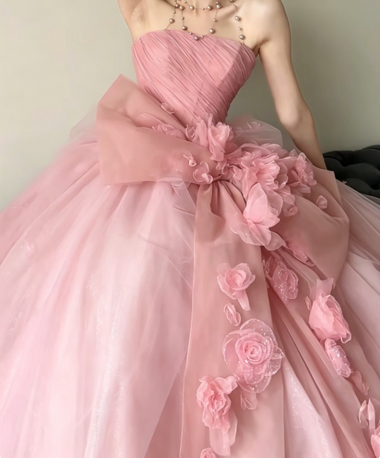 Charming Strapless Pink Prom Dress Appliques Bow A-Line Evening Dress GG6214