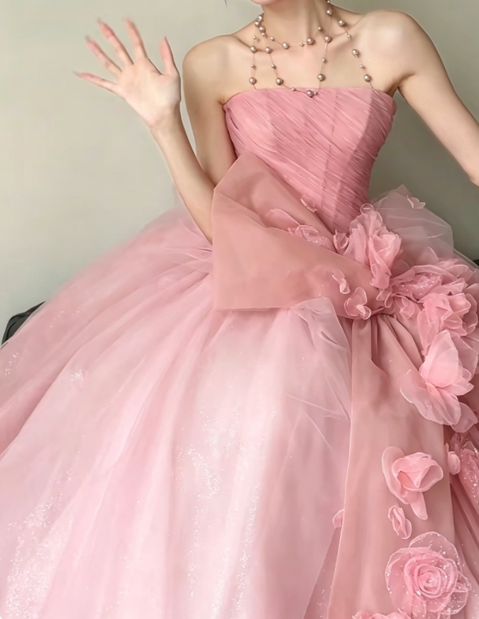 Charming Strapless Pink Prom Dress Appliques Bow A-Line Evening Dress GG6214