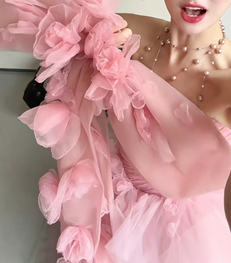 Charming Strapless Pink Prom Dress Appliques Bow A-Line Evening Dress GG6214