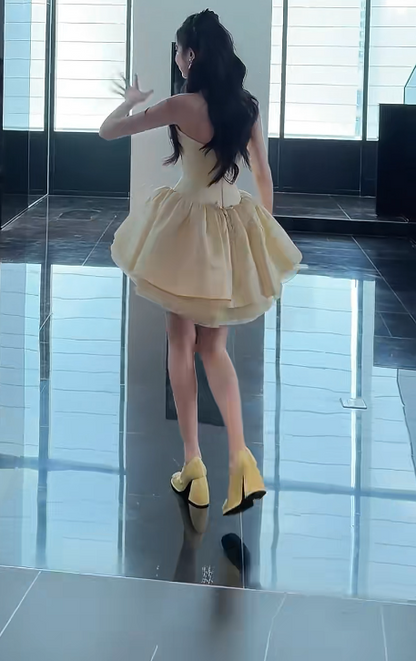 Adorable Strapless Homecoming Dress Yellow Birthday Outfit Beading Bow Party Dress GG6217