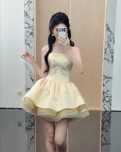 Adorable Strapless Homecoming Dress Yellow Birthday Outfit Beading Bow Party Dress GG6217