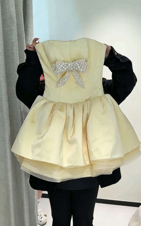 Adorable Strapless Homecoming Dress Yellow Birthday Outfit Beading Bow Party Dress GG6217