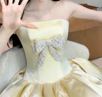 Adorable Strapless Homecoming Dress Yellow Birthday Outfit Beading Bow Party Dress GG6217