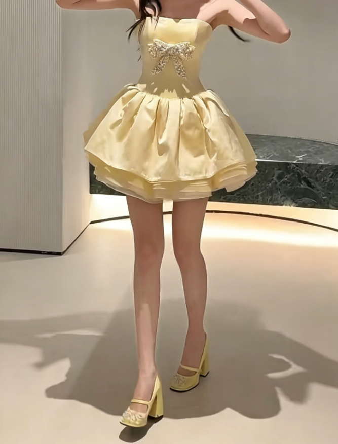 Adorable Strapless Homecoming Dress Yellow Birthday Outfit Beading Bow Party Dress GG6217