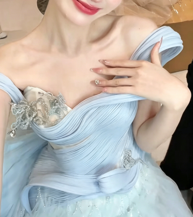 Chic Off-Shoulder Blue Prom Dress Beading Tulle A-Line Evening Dress GG6218