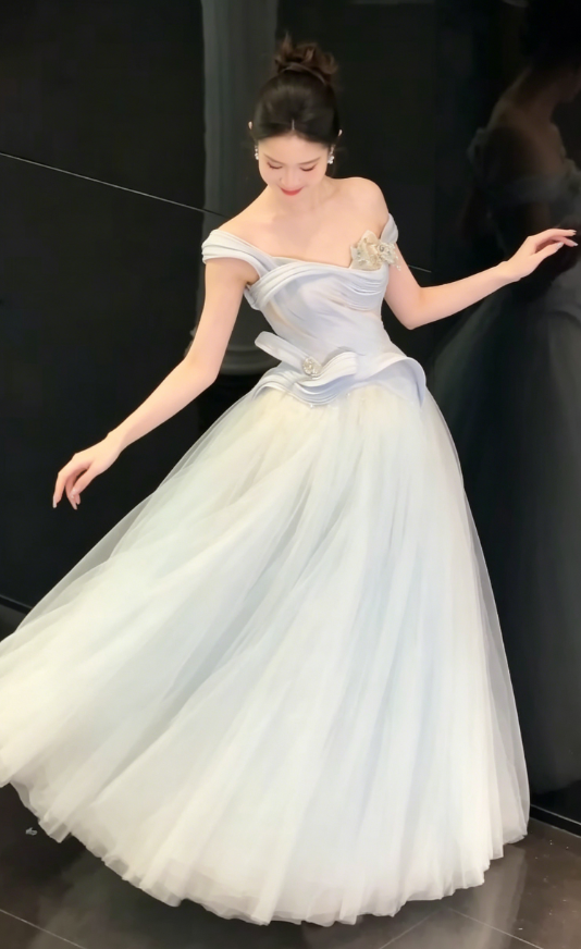 Chic Off-Shoulder Blue Prom Dress Beading Tulle A-Line Evening Dress GG6218