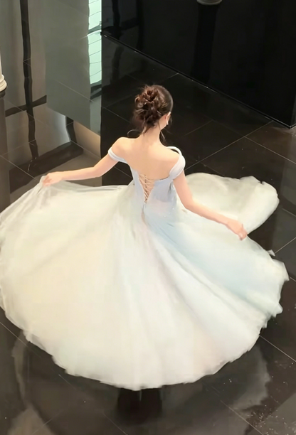 Chic Off-Shoulder Blue Prom Dress Beading Tulle A-Line Evening Dress GG6218