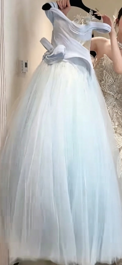 Chic Off-Shoulder Blue Prom Dress Beading Tulle A-Line Evening Dress GG6218