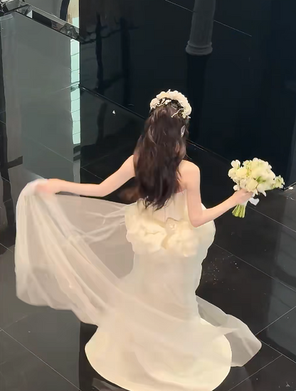 Graceful Strapless Satin Wedding Dress Handmade Flowers Mermaid Tulle Bridal Dress GG6221