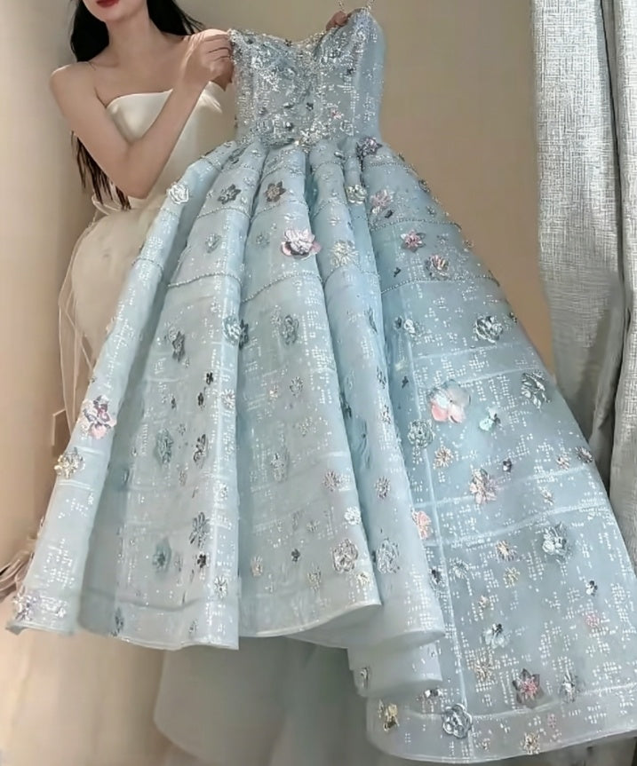 Lovely Spaghetti Straps Beading Prom Dress Blue Sequins A-Line Evening Dress GG6222