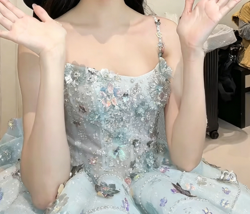 Lovely Spaghetti Straps Beading Prom Dress Blue Sequins A-Line Evening Dress GG6222