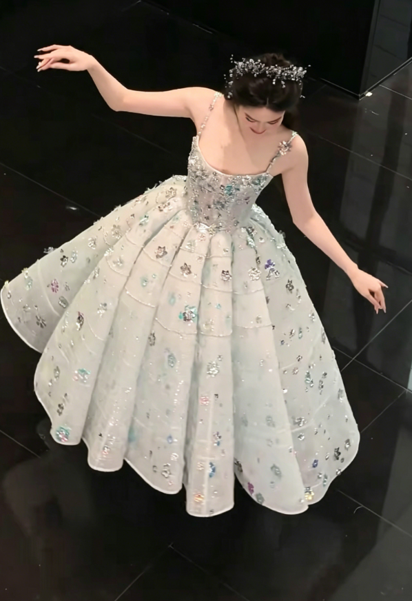 Lovely Spaghetti Straps Beading Prom Dress Blue Sequins A-Line Evening Dress GG6222