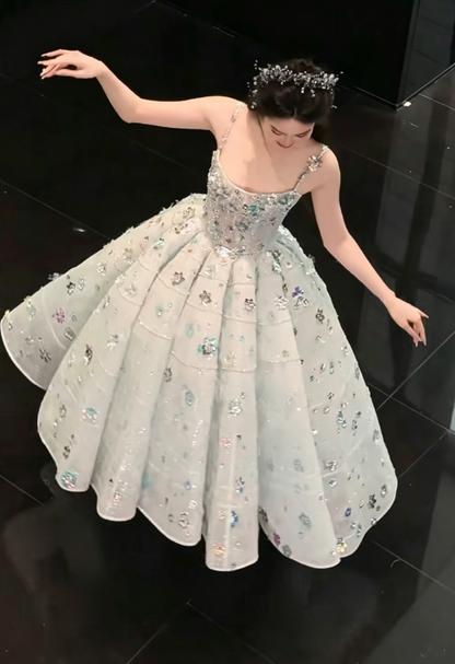 Lovely Spaghetti Straps Beading Prom Dress Blue Sequins A-Line Evening Dress GG6222